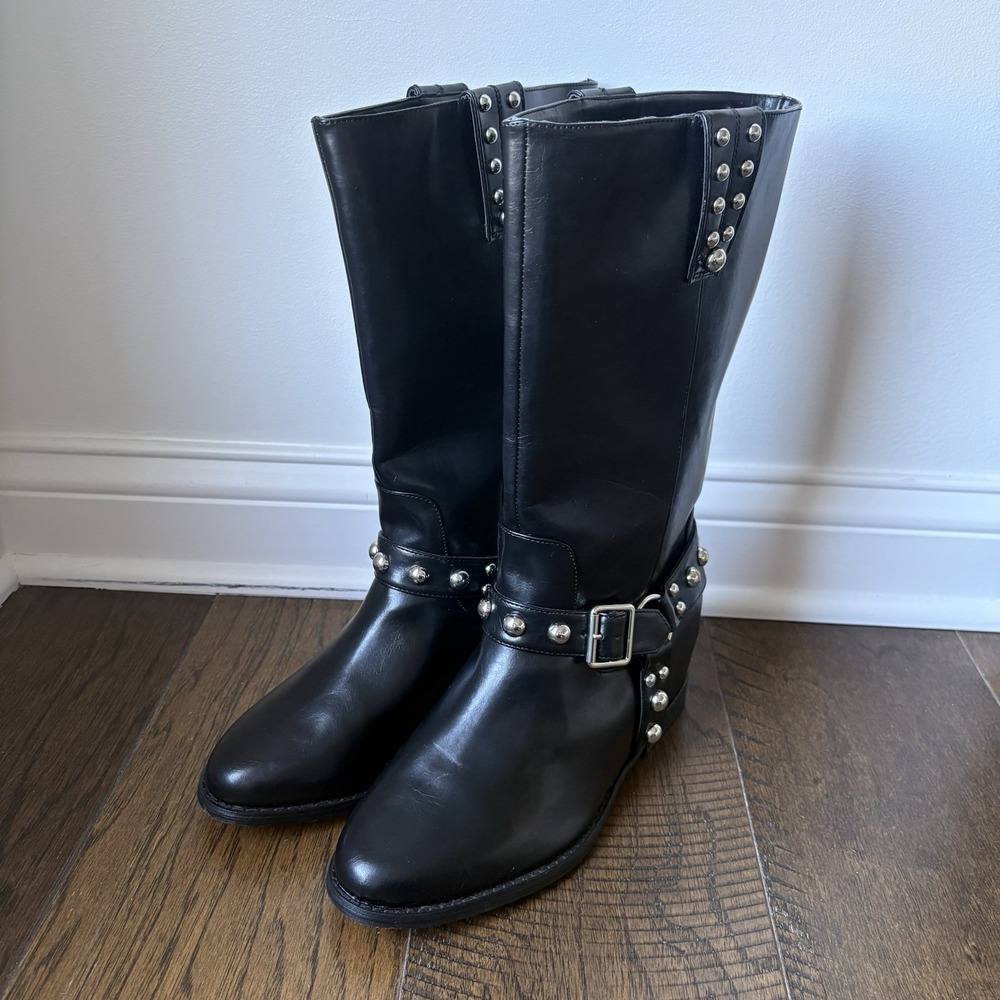 Jessica Simpson Black Milley Studded Moto Boots Silver Harness Hidden Wedge Sz11